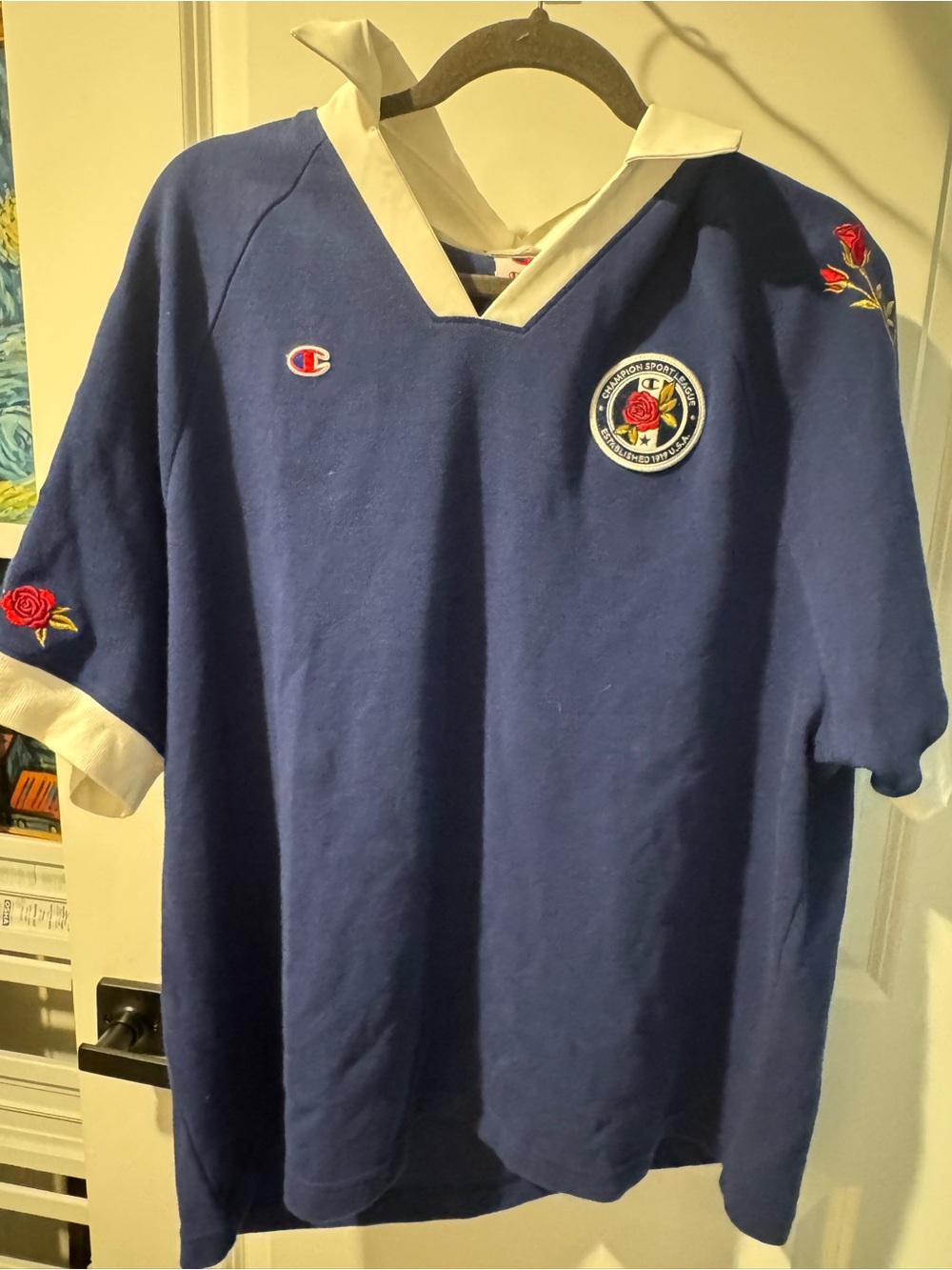Champion Blue Rugby Polo with White Collar and Rose Embroidery